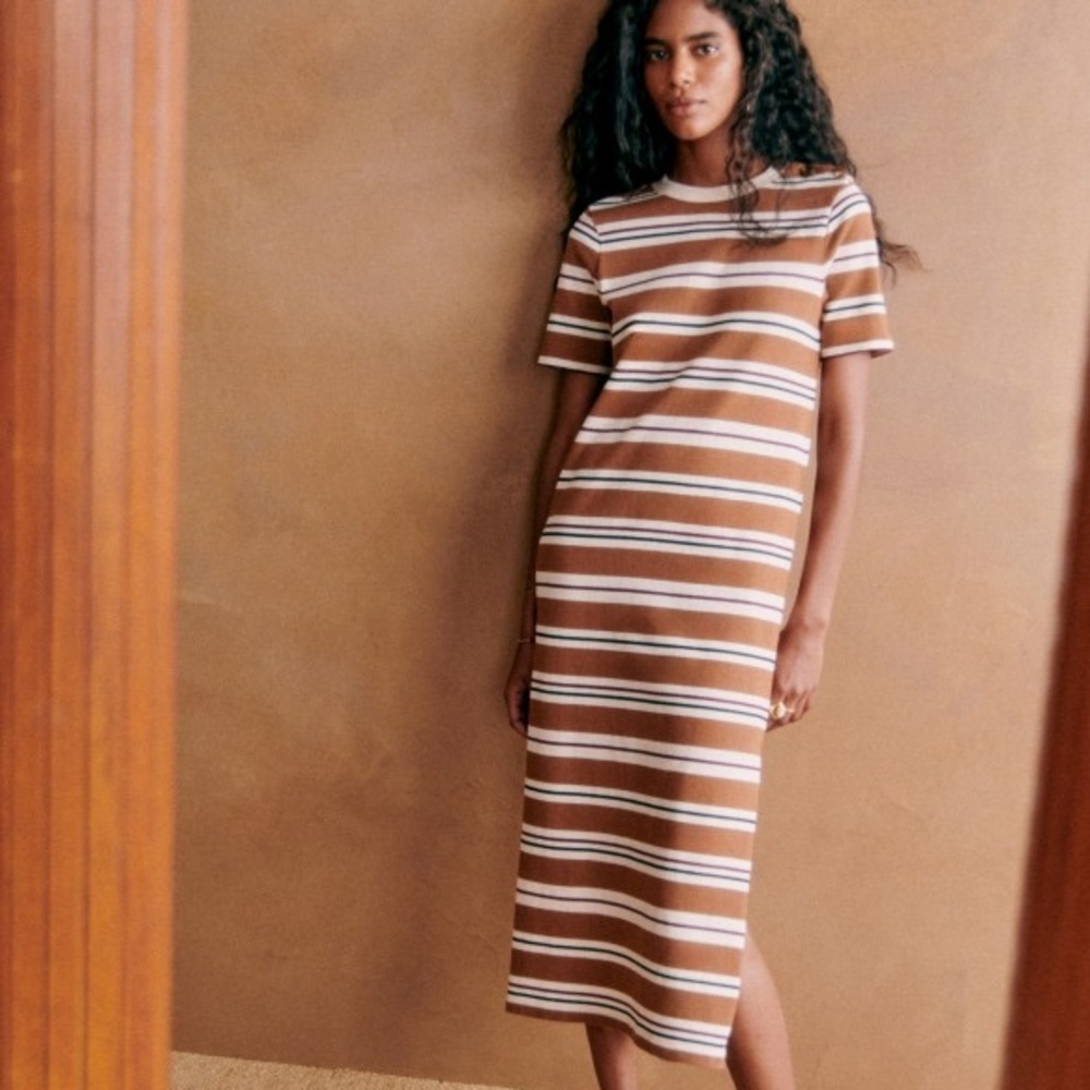 NWT Sézane Emy Dress in cream/brown/purple/black stripes